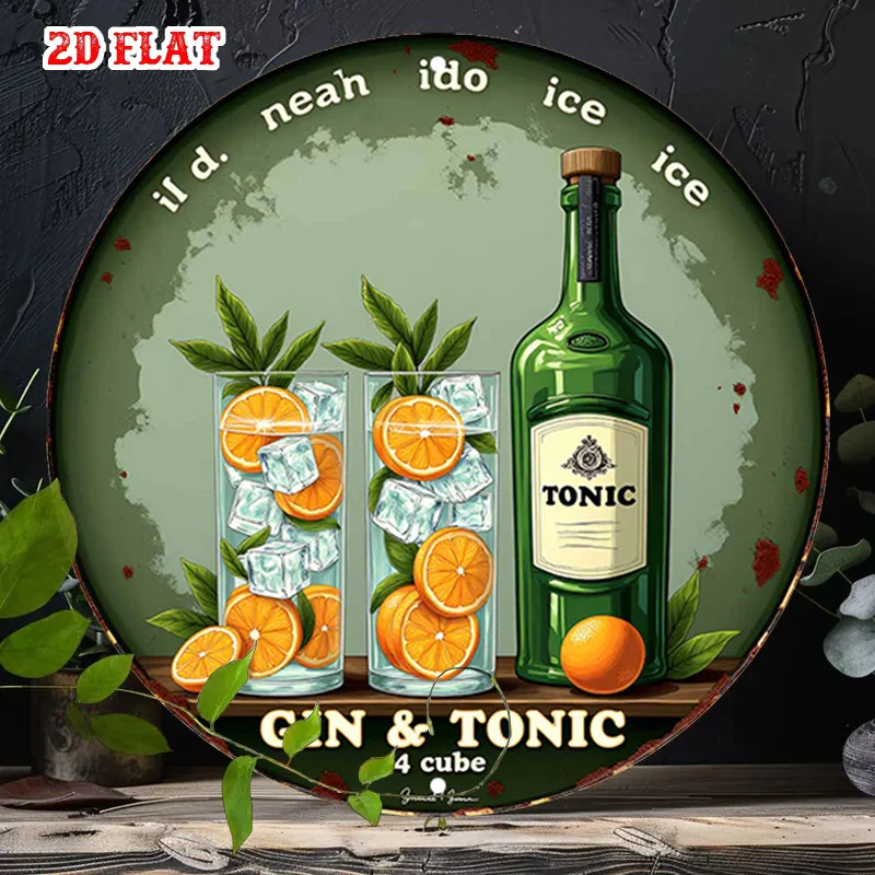 2D Flat 1pc Green Round Aluminum Sign, Gin Tonic Metal Sign - Ice Cubes Rustic Metal Wall Art,Citrus Design Metal Wall Art Decor
