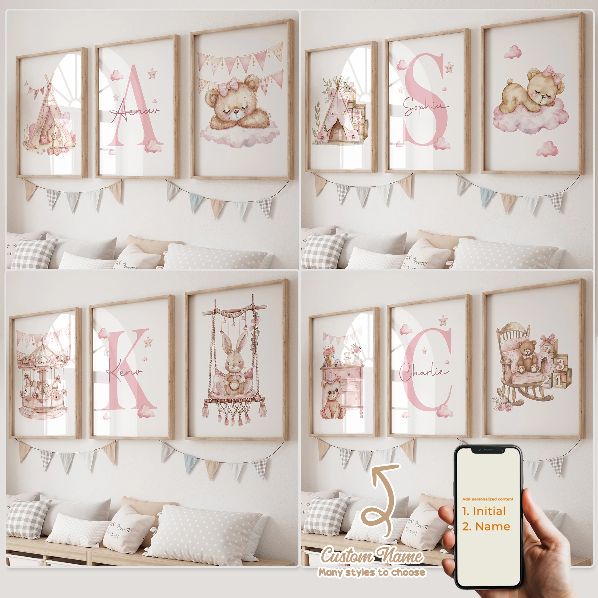 3 Stück personalisierte, individuelle Cartoon-Bären-Wandkunstdrucke, Leinwandposter, Gemälde für Wohnzimmer, Kinderzimmer, Heimdekoration