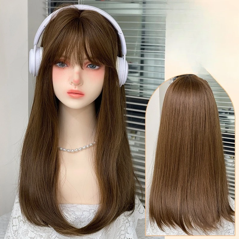 

Wig honey brown air bangs round face long straight hair natural fluffy lolita women full headgear