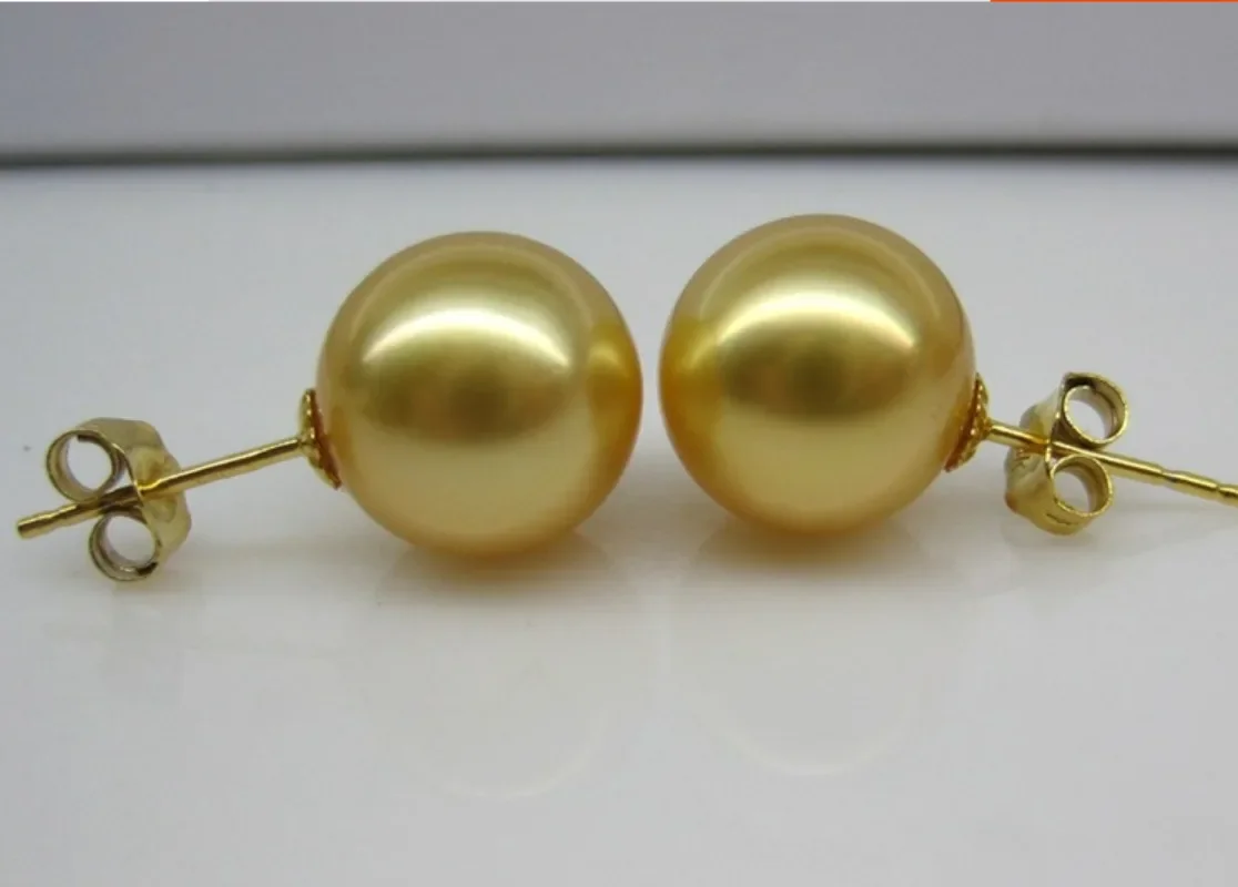 

Pair of 9-10mm Gold Perfect Round Pearl Stud Earrings for Women Simple Wedding Party Jewelry Accessories Dangle ,hook