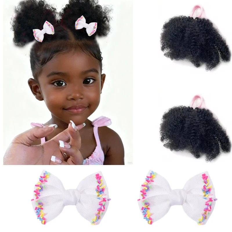 2 pçs crianças coques de cabelo & arco hairpin sintético macio afro puff elástico torção rabo de cavalo kinky em massa com elástico