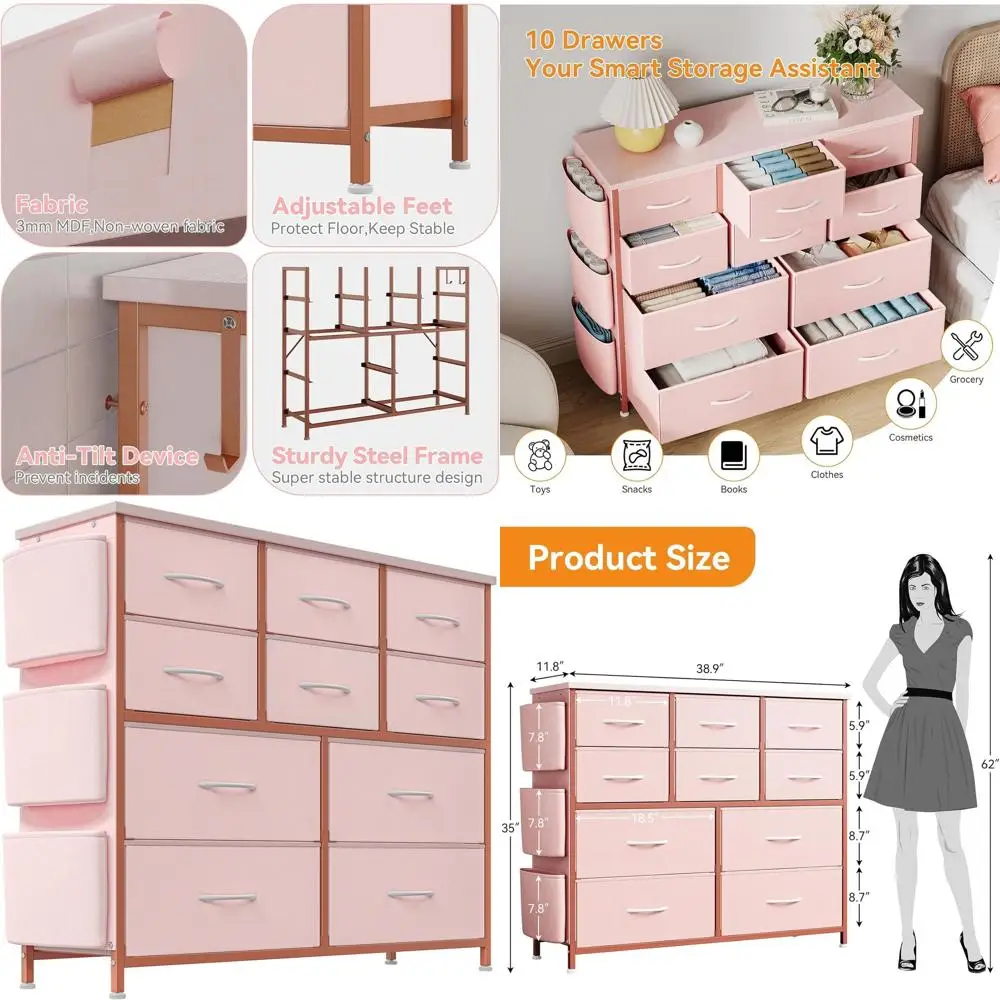 

10-Drawer Pink Dresser with Side Cabinets and Hooks for Bedroom, Sturdy Metal Frame and Wooden Top Dresser for Living Room and H