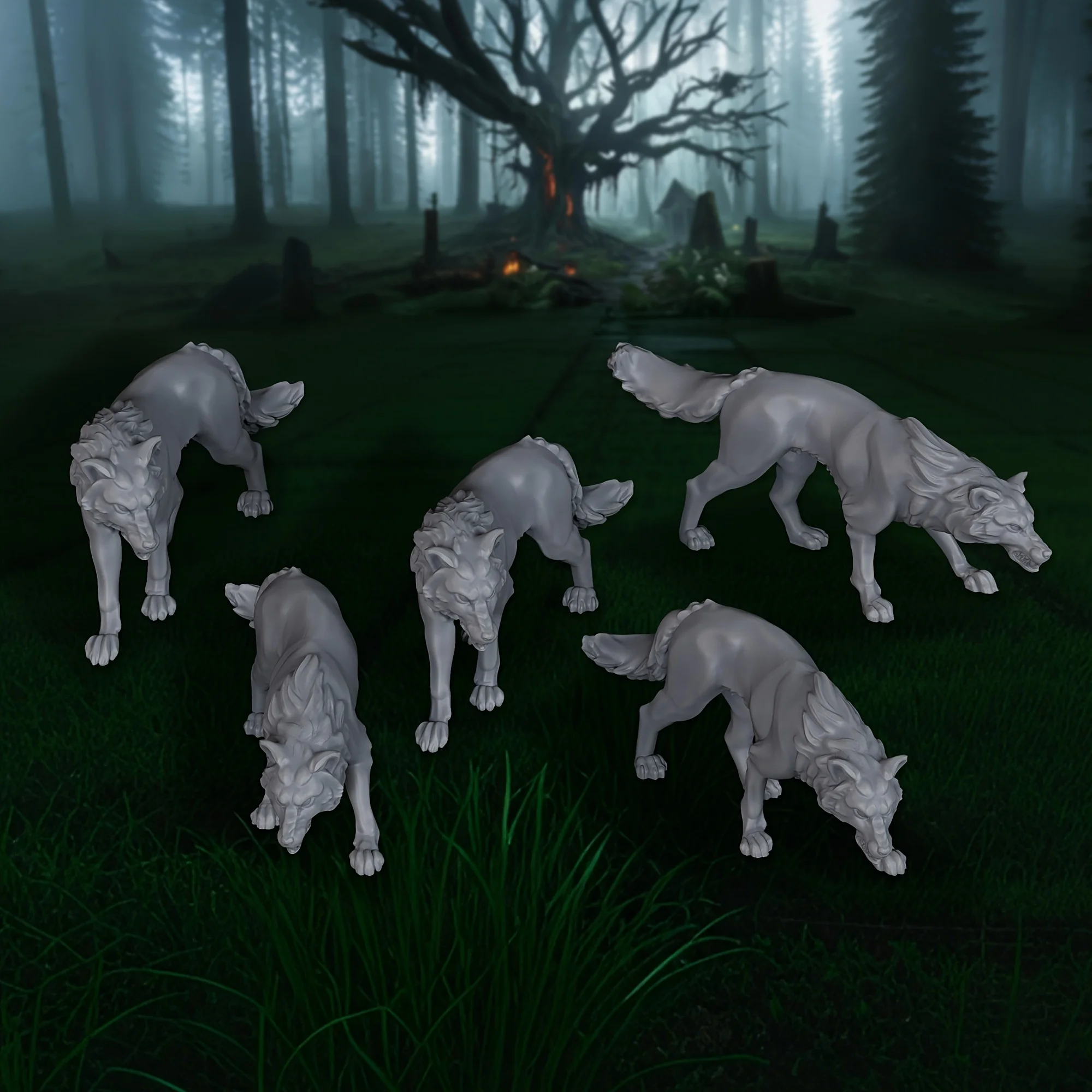 5pcs RPG Wolves Miniatures Set, Highly Detailed Wolf Pack for Tabletop RPGs & Terrain Scenery, Unpainted Resin Animal Models