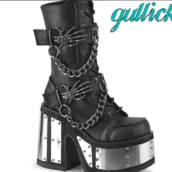 Skeleton Hand Rivets Chain Boots Round Toe Silver Platform Chunky Heel Metal Decor Side Zipper Mid Calf Punk Style Women Shoes