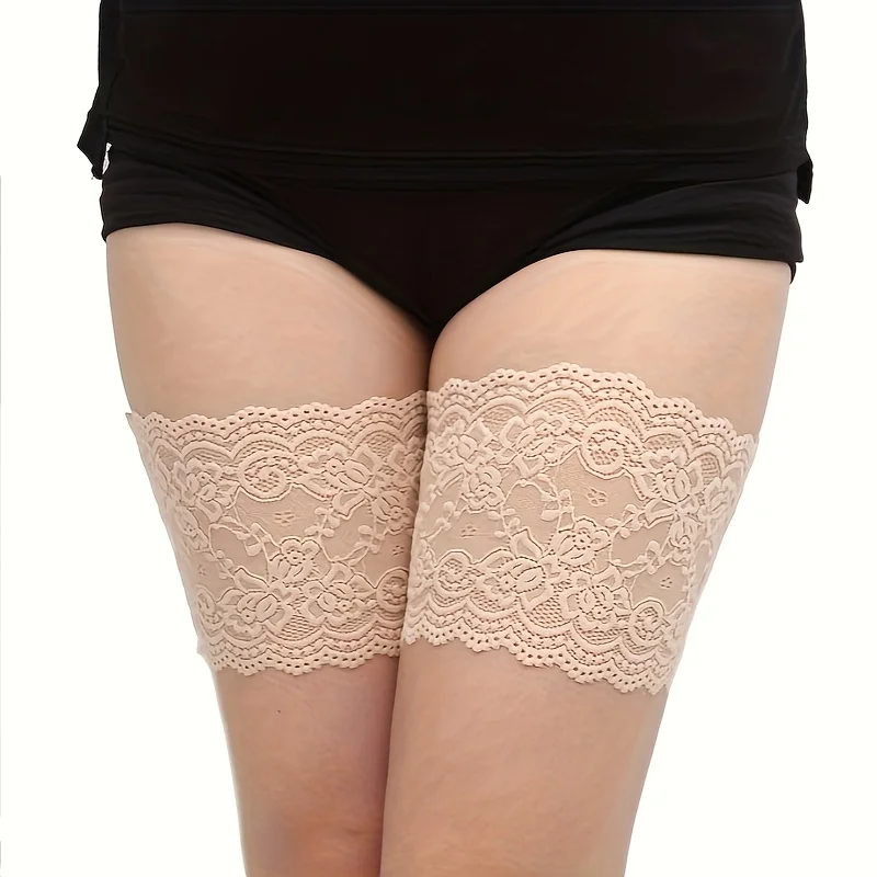 زوج من جوارب الفخذ العليا المضادة للانزلاق مع كشكشة مرنة، مصممة لمكافحة الاحتكاك ودعم غير مرئي