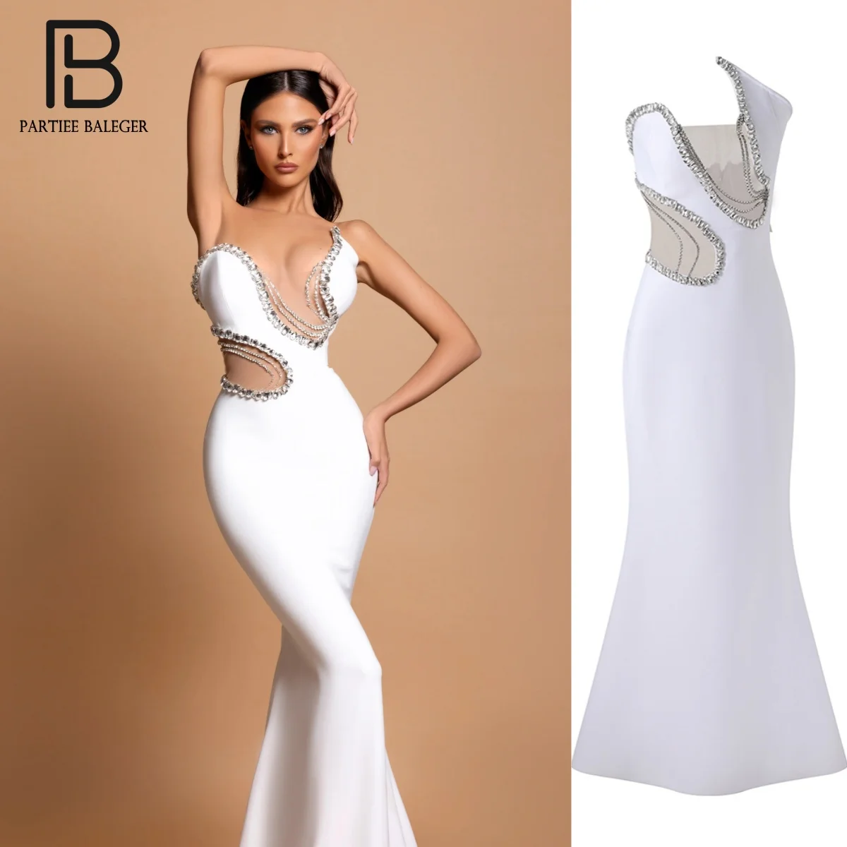 PB エレガント ホワイト ノースリーブ マーメイド スタイル 包帯 ロング ドレス クリスタル装飾 バックレス カットアウト パーティー ウェディング ドレス