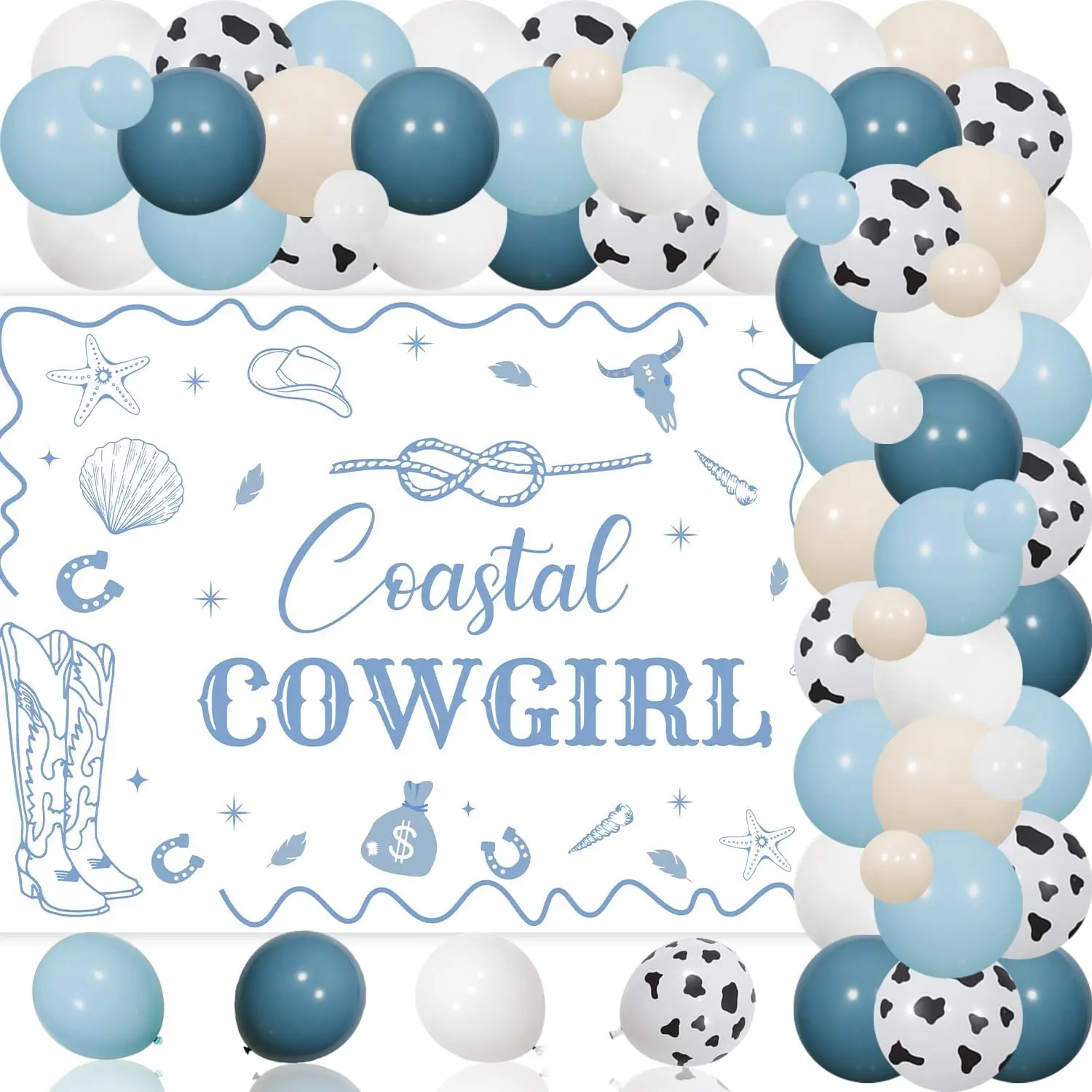 

Sursurprise Coastal Cowgirl Bachelorette Party Decorations Shell Boots Hat Background Blue Engagement Bridal Shower Party Supply