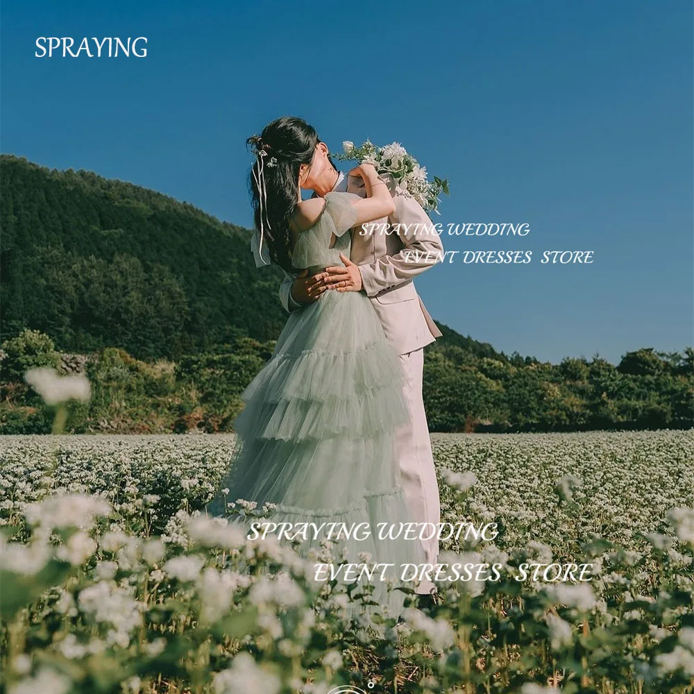 

SPRAYING Korean Wedding Photos Simple Green Tulle Sling Wedding Dresses Tiered A-line Floor-Length Long Bridal Gown Corset Back