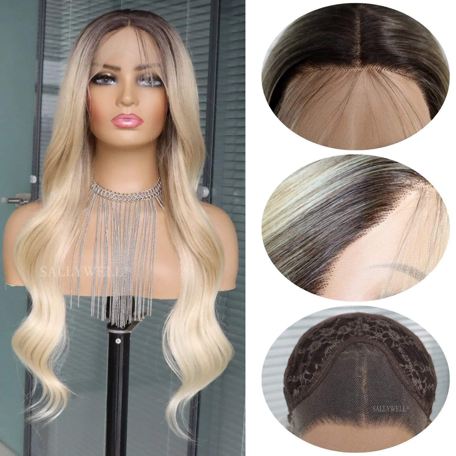 Ombre Blonde Syntetyczna koronka przodu peruka dla kobiet Długie faliste czarne do jasnobrązowych peruk typu Body Wave Wstępnie oskubane Odporne na