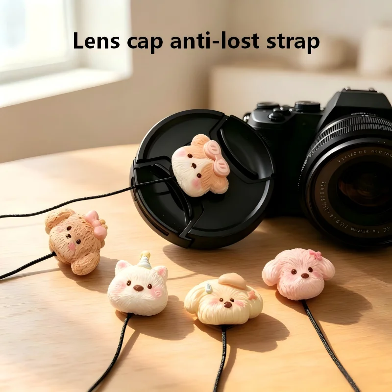 Cute Dog Lens Cap Anti-Lost Strap, 3D Cartoon Lens Cap Keeper Leash, Self-Adhesive Universal Rope For Canon Sony Nikon Fujifilm