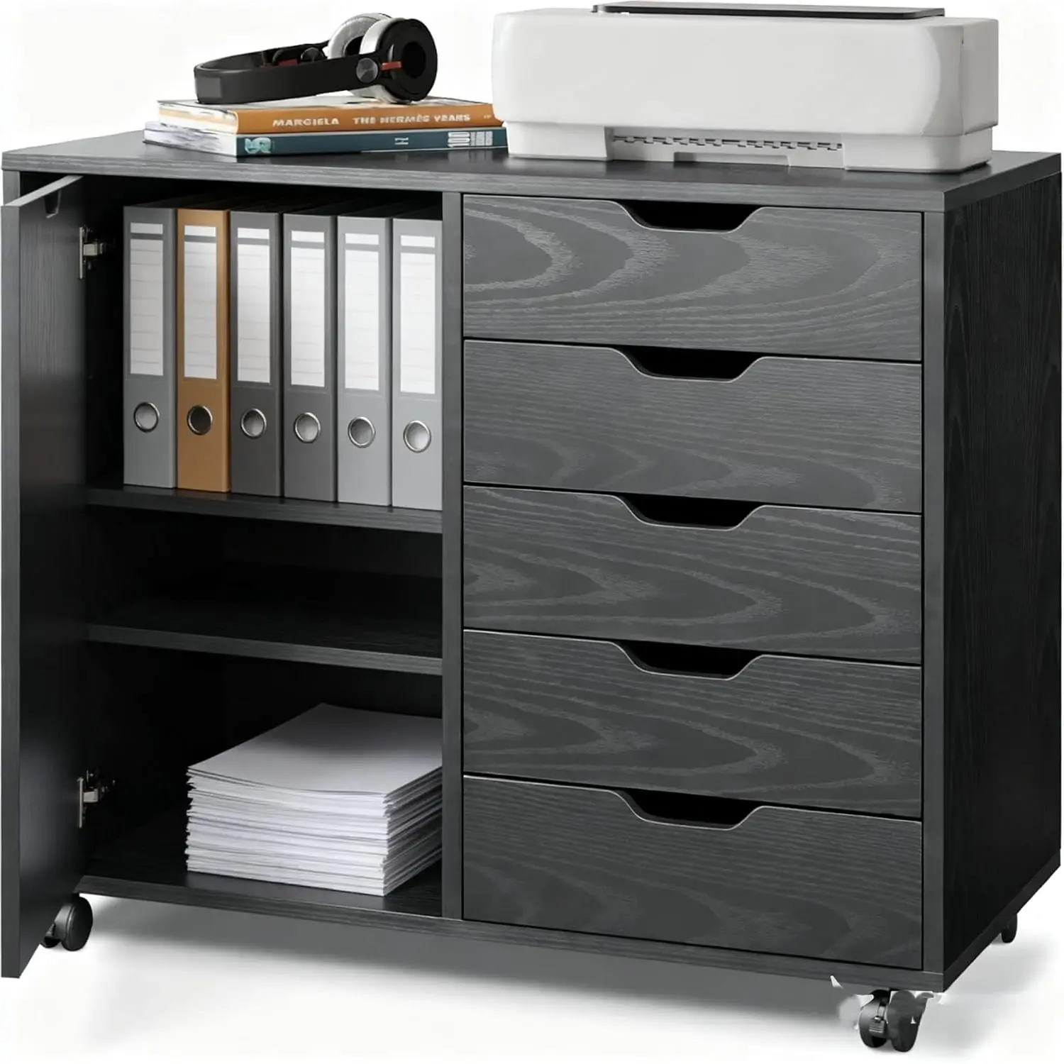 5-Drawer Wood Storage Cabinet with Shelf & Wheels, Office Printer Stand, 15.7"D x 30.7"W x 25.4"H, Customized
