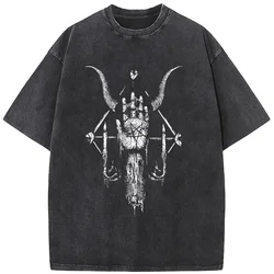 Men's Dark Devil Arm Short-Sleeved Shirt 230 Grams Of High-Quality Washed Old Tshirt 100% Cotton Casual Tees