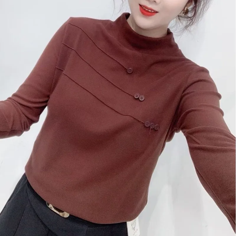 Spring/autumn Women's Pullover Turtleneck Bright Line Decoration Solid Button Long Sleeve T-shirt Office Lady Slim Casual Tops
