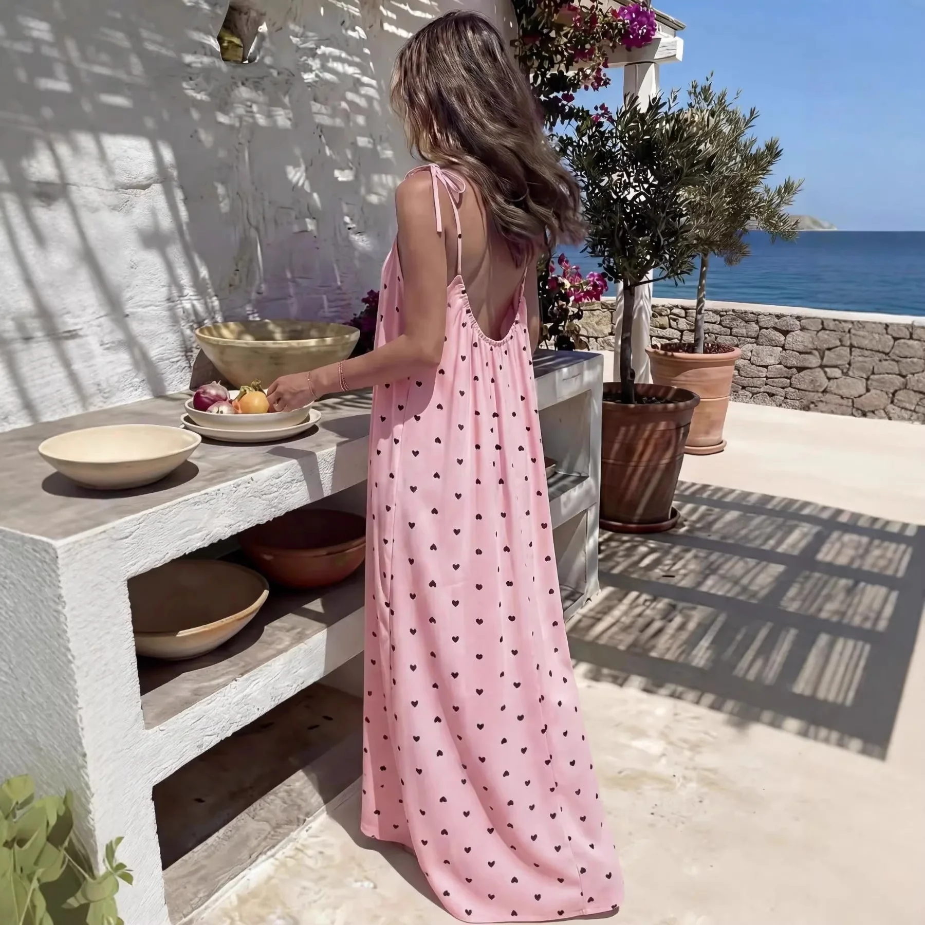 2026 Summer New Women's Printed Strapless Loose Home Clothes Dress Beach Skirt Big Swing Design Casual Polyester Fabric