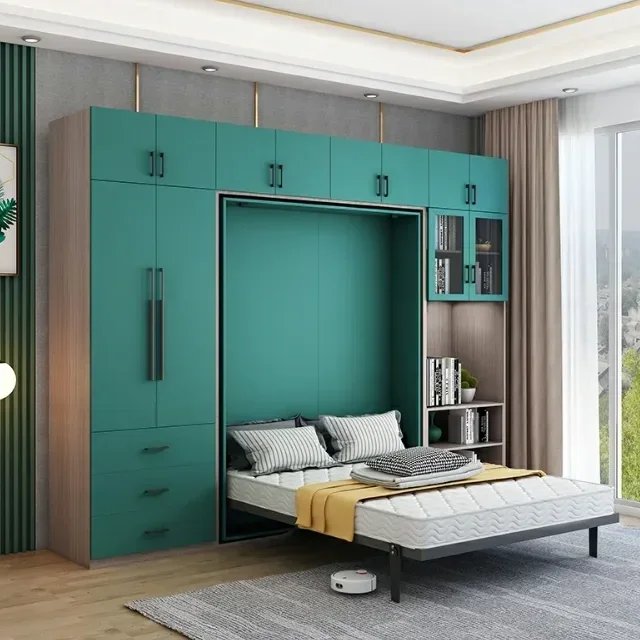 Wooden Rotating invisible folding bed combination multi functional wardrobe cabinets desk bookcase wall Murphy bed