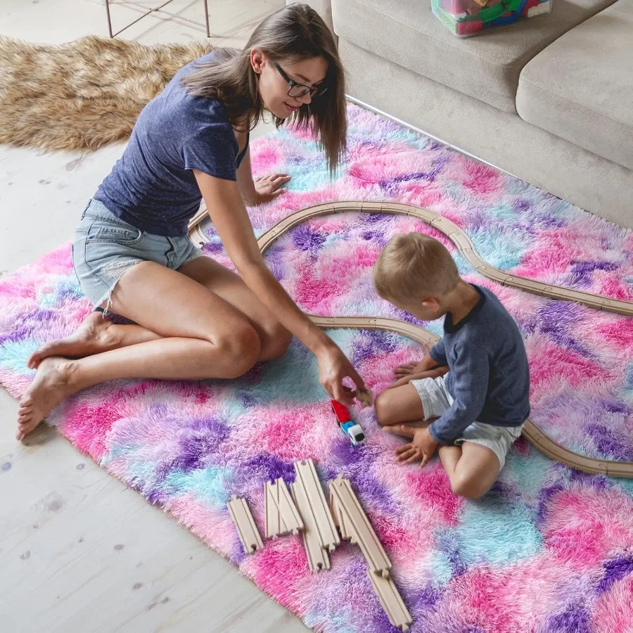 Soft Rainbow Area Rugs for Girls Room 5x8 Feet, Fluffy Girls Bedroom Rugs