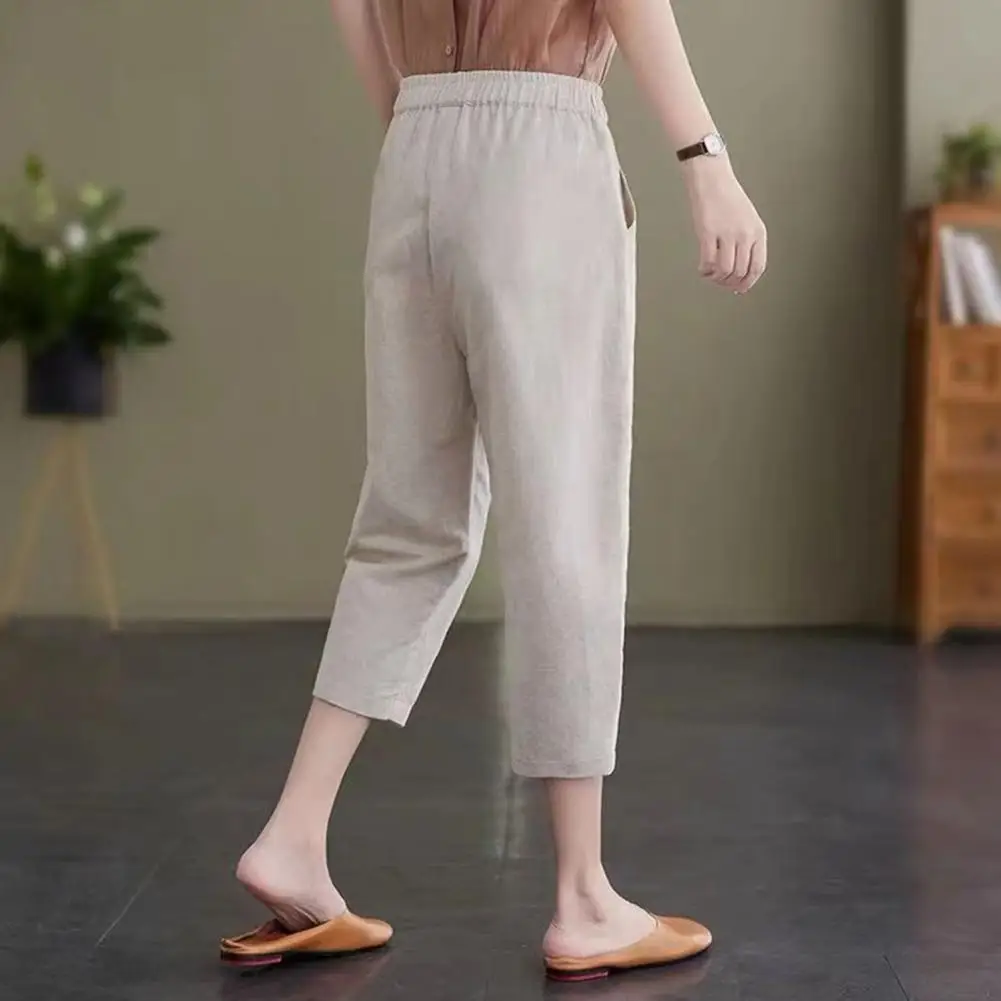 

Cropped Pants Stylish Women's Mid-calf Harem Pants Elastic Waist Solid Color Pockets for Summer Casual Wear Solid Color Pants