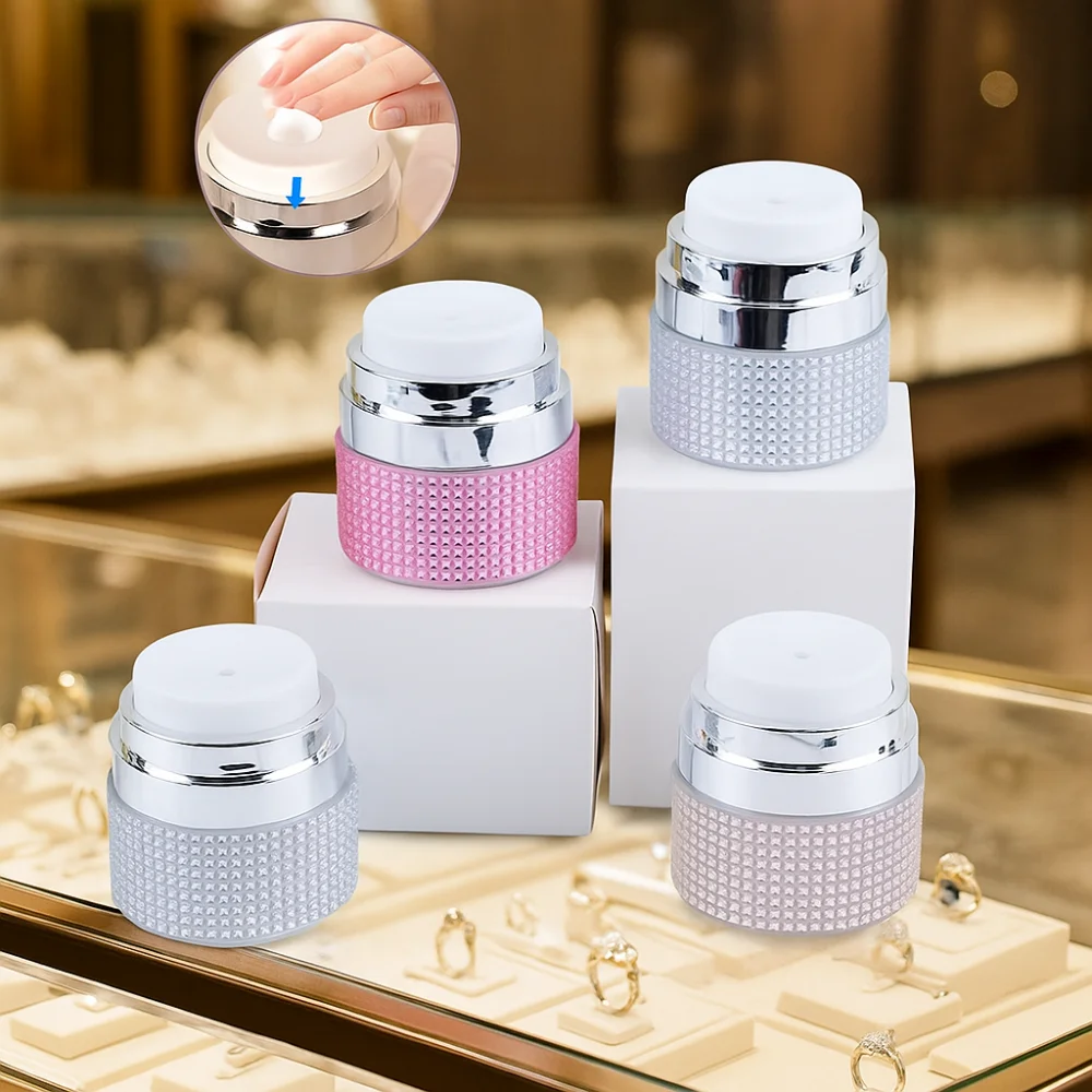 

15ml Cosmetic Cream Bottle Luxury Rhinestone Vacuum Pump Cream Lotion Jar Press Type Refillable Face Cream Dispenser