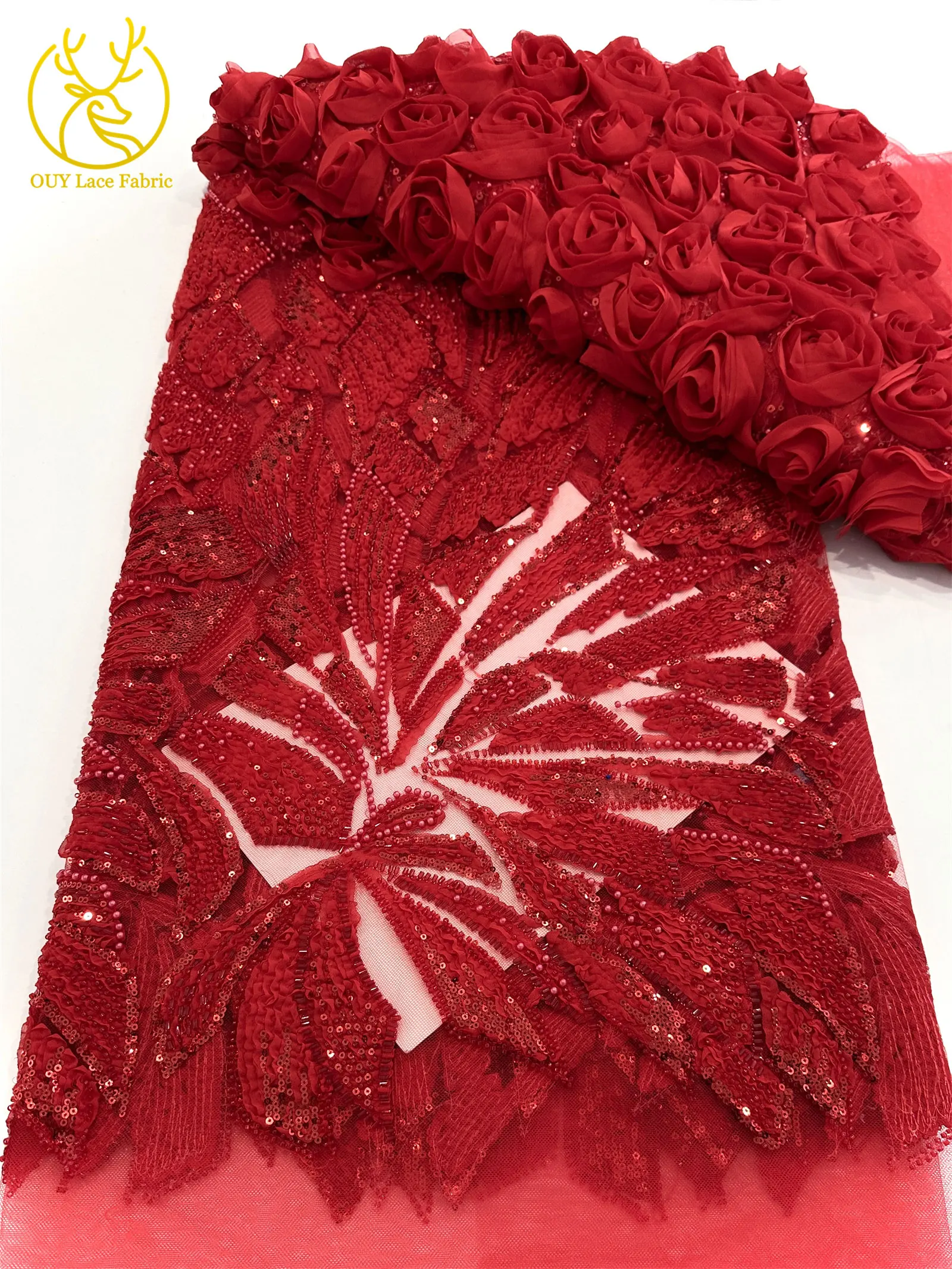 Rosa 3D Mode-Mesh-Tüll-Spitzenstoff 2026 Nigerianischer Perlen-Pailletten-Spitzenstoff für Damen Hochzeits- und Abendkleider zum Nähen 5 Yards – Detail 20
