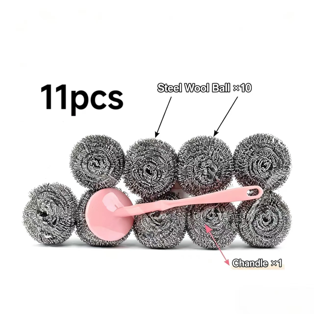 11Pcs Stainless Steel Cleaning Brush Set (10 Steel Wool Balls + Cleaning Brush Handle), Scrubber Kit for Kitchen Bathroom Outdoo