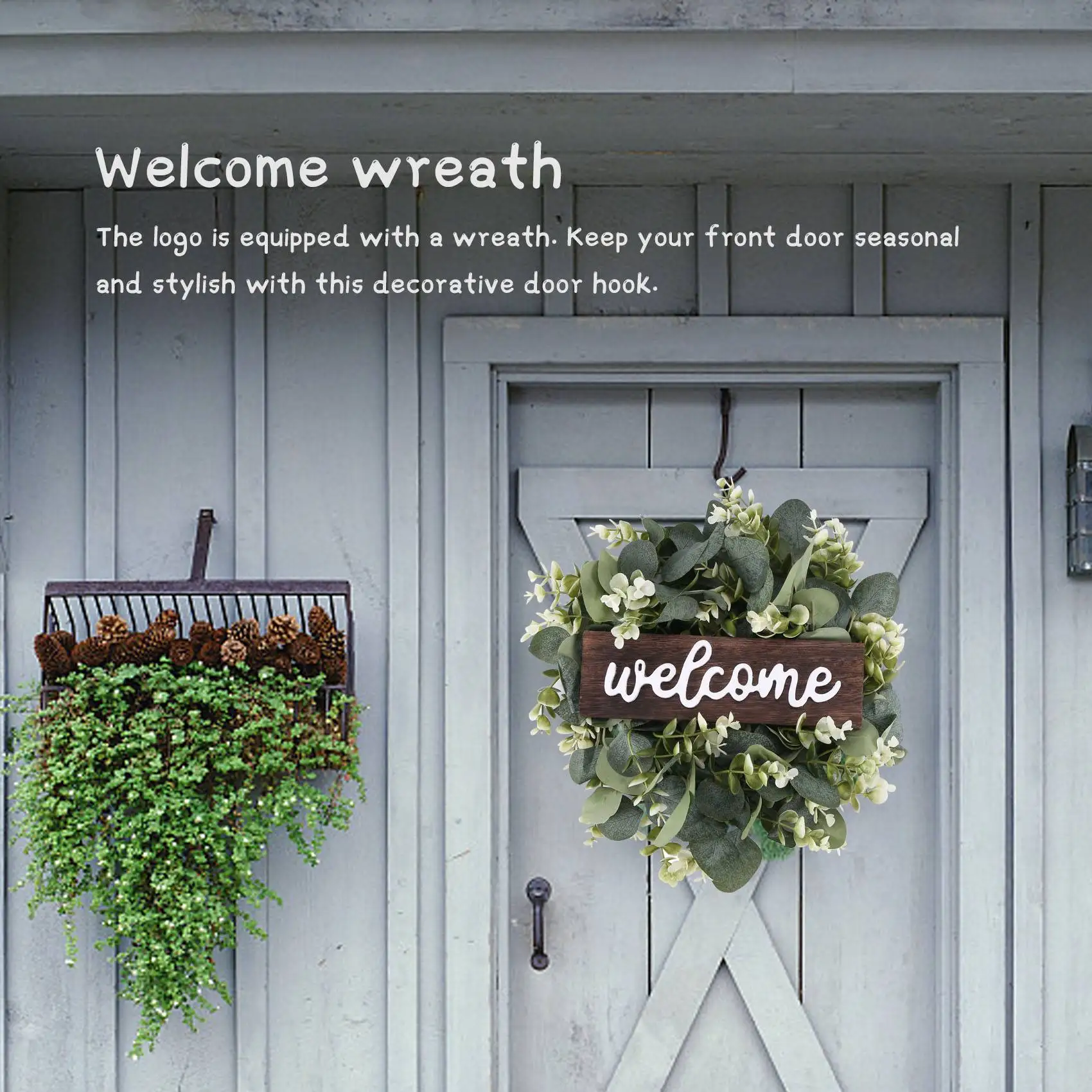 Welcome Sign with Garland Door Decoration Wooden Hanging Sign with Artificial Eucalyptus Farmhouse Porch Decoration