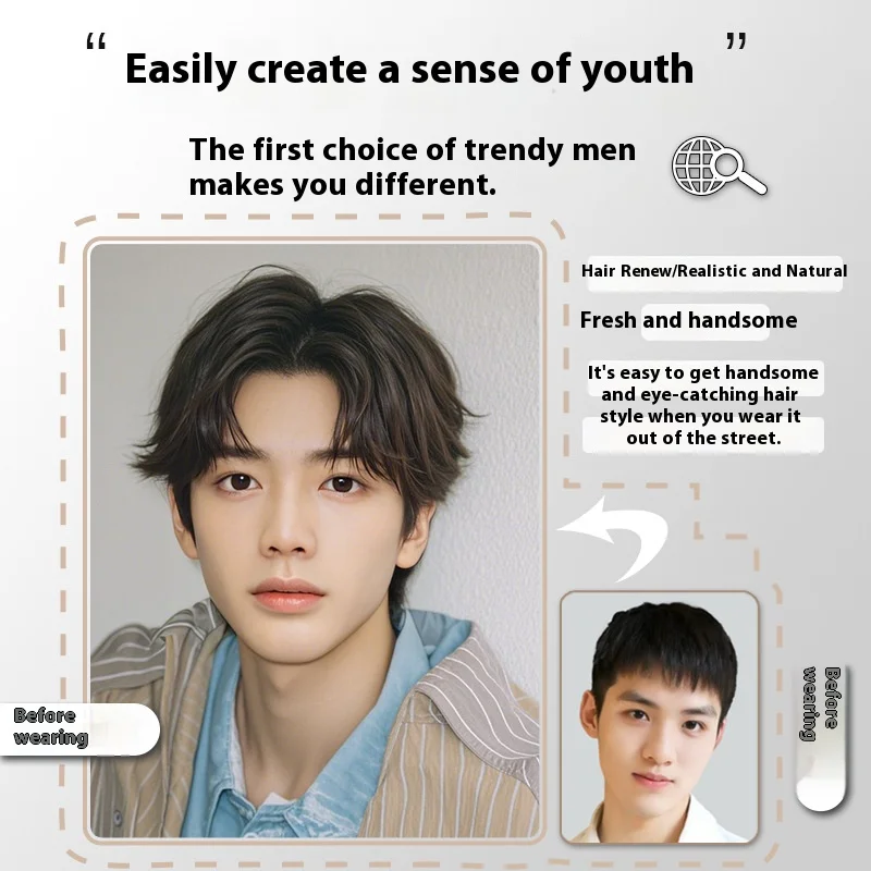 Hipster Synthetic Wig For Men Young Men Feel Short Straight Hair Daily Split Bangs Fluffy Natural Realistic Full Head Cover image 3