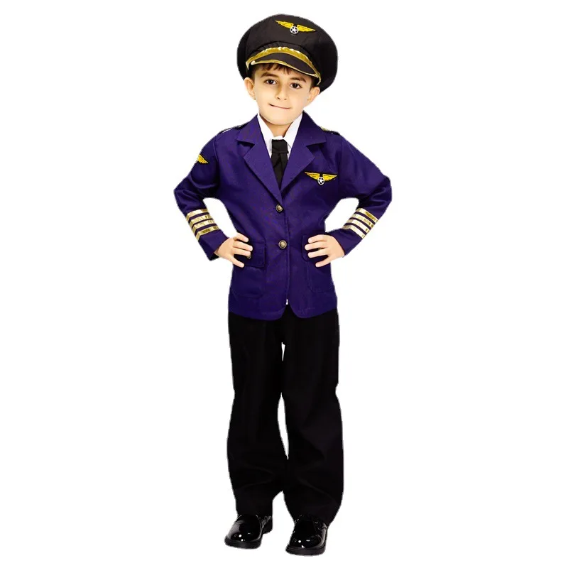 Halloween Children Vintage Suit Dress Fashion Holiday Party Mini Dress Sets Blue Aviation Pilot Cosplay Performance Costume