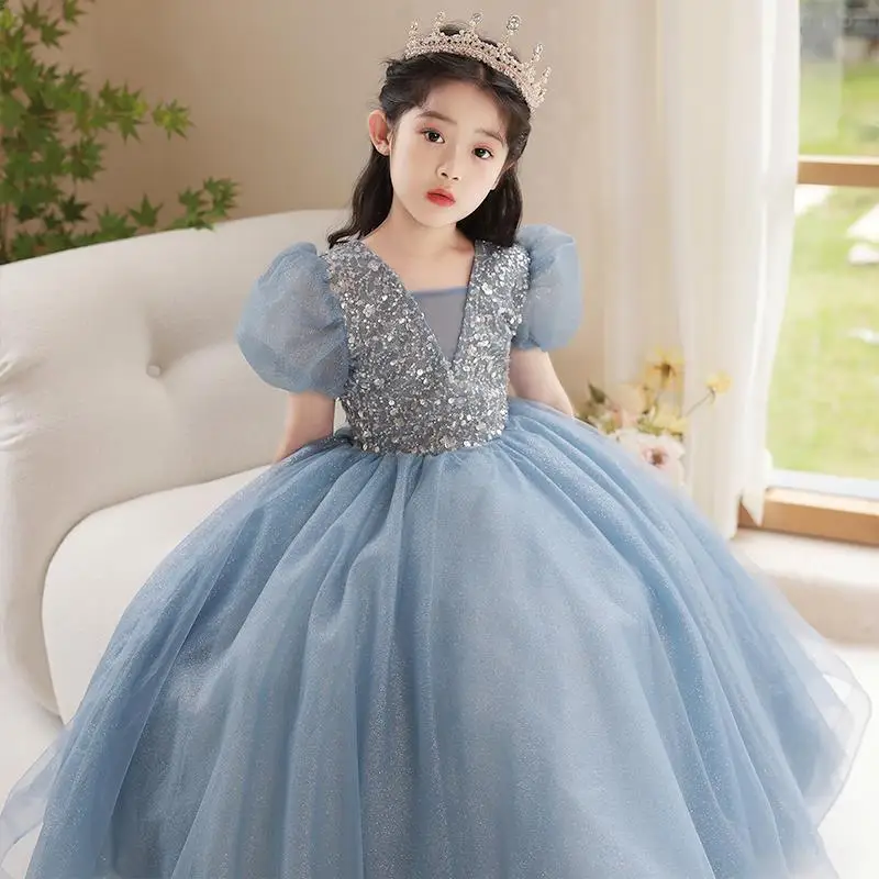 

Bridesmaid Princess Dress Blue Lace Girl Birthday Party Sequin Fluffy Tulle Tutu Clothes Flower Girls Wedding Pageant Long Gown