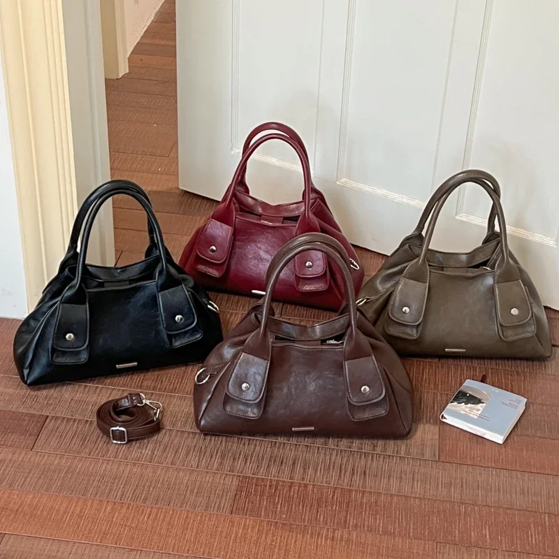 Hot Sale Retro Oil‑wax Leather Tote Bag Office Work Daily Solid Crossbody Bags for Women Removable Strap Large Capacity Handbags