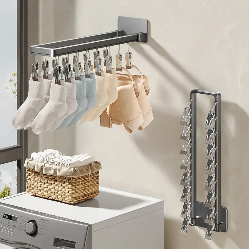 

Folding Drying Rack No Hole Household Hanging Clothes Drying Wall Hanging Bathroom Indoor Underwear Balcony Sun Socks Clip