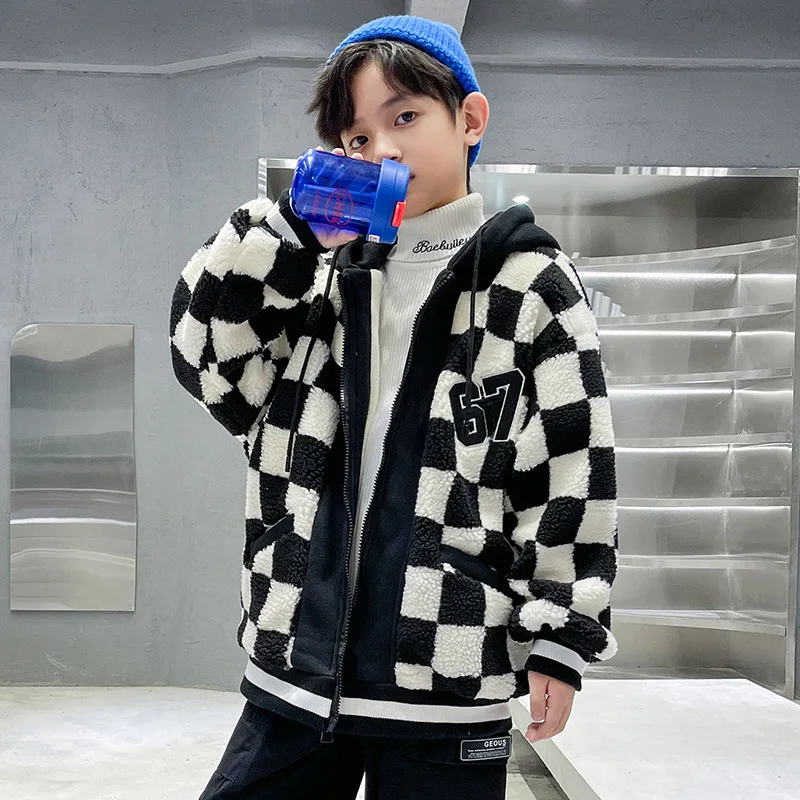 4-16Y Boys Autumn Winter Coat 2025 New Korean Fashion Casual Thicken Fleece-Lined Black White Palid Hooded Jacket