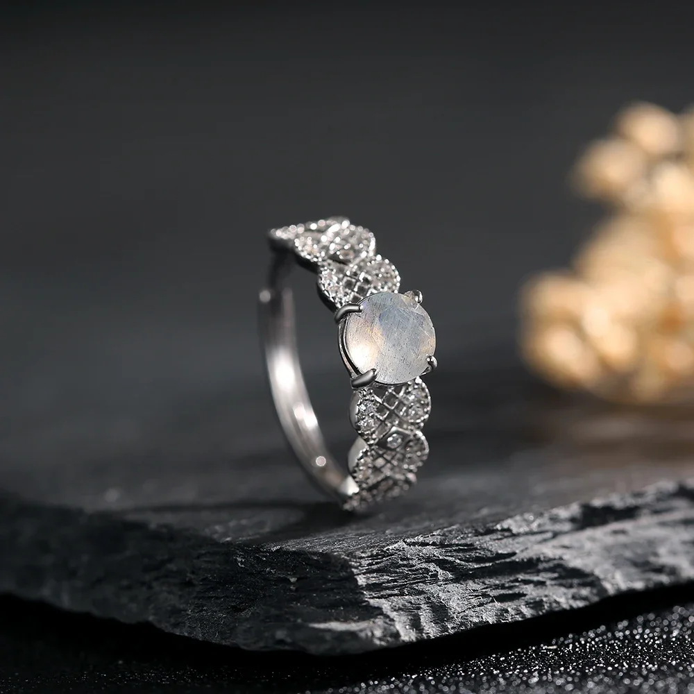 Natural Moonstone Ring S925 Sterling Silver Adjustable Stackable Open Band Handmade Boho Jewelry for Women