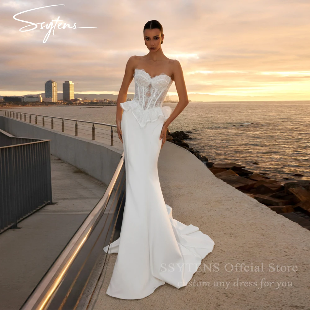 

SSYTENS Modern Wedding Dresses Woman Sweetheart Satin Mermaid Bridal Gowns Lace Applique Corset Vestido De Novia Boda Customized