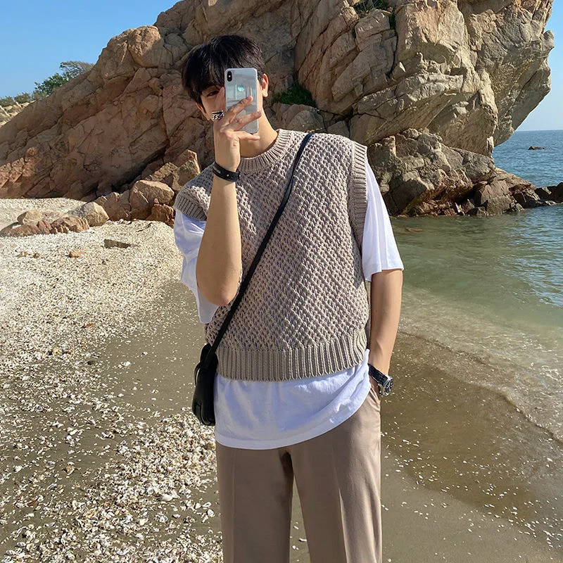 

Summer Crew Neck Short Waistcoat Loose Casual Off Shoulder Sleeveless Kintted Vest Men's And Women's Sweater Vest