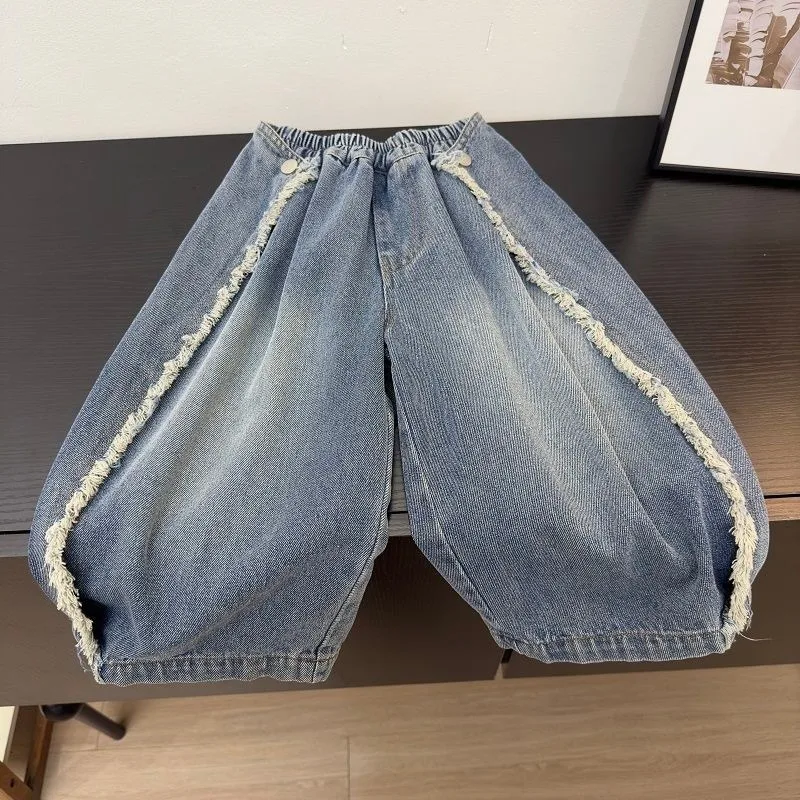 Boys Korean Style Frayed Edge Jeans Kids Elastic Waist Loose Trendy Casual Versatile Denim Long Pants