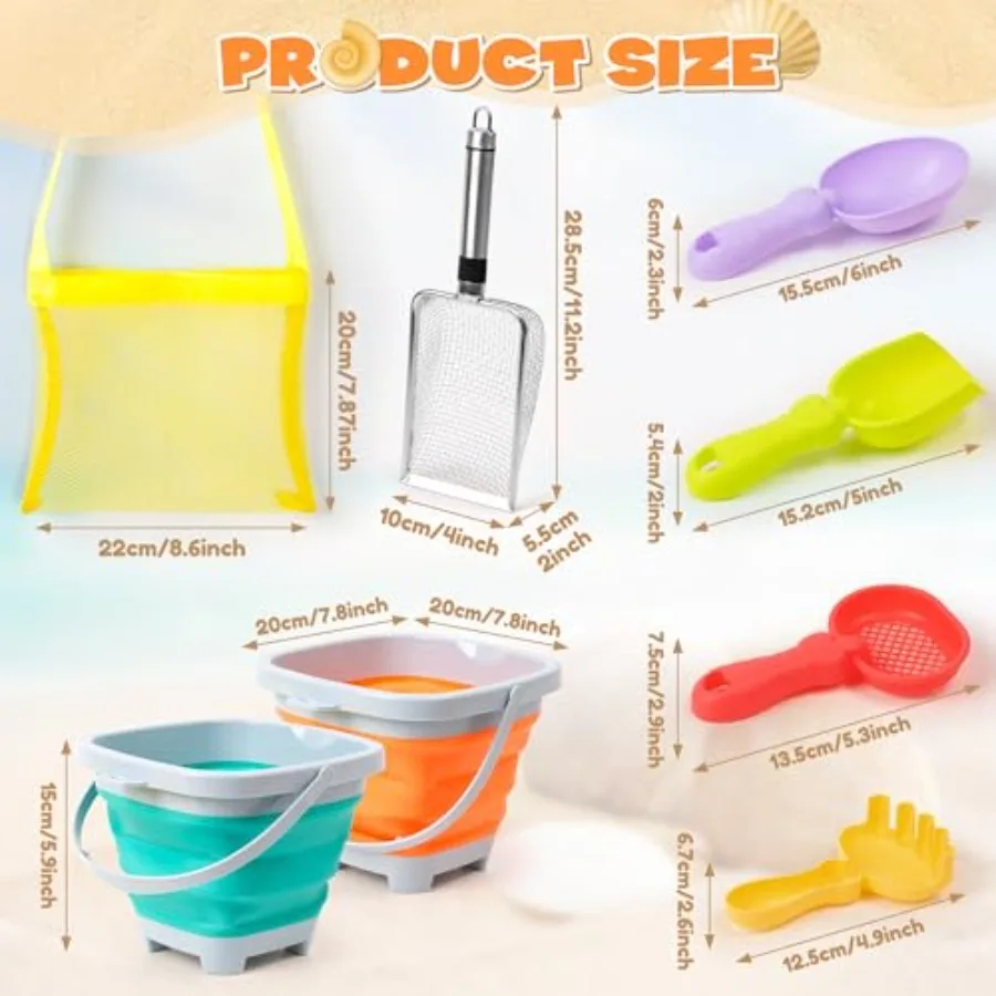 Conjunto de brinquedos de areia de praia com pás de aço inoxidável peneira de dente de tubarão e sacos de malha brinquedos de areia duráveis para praia família praia vaca