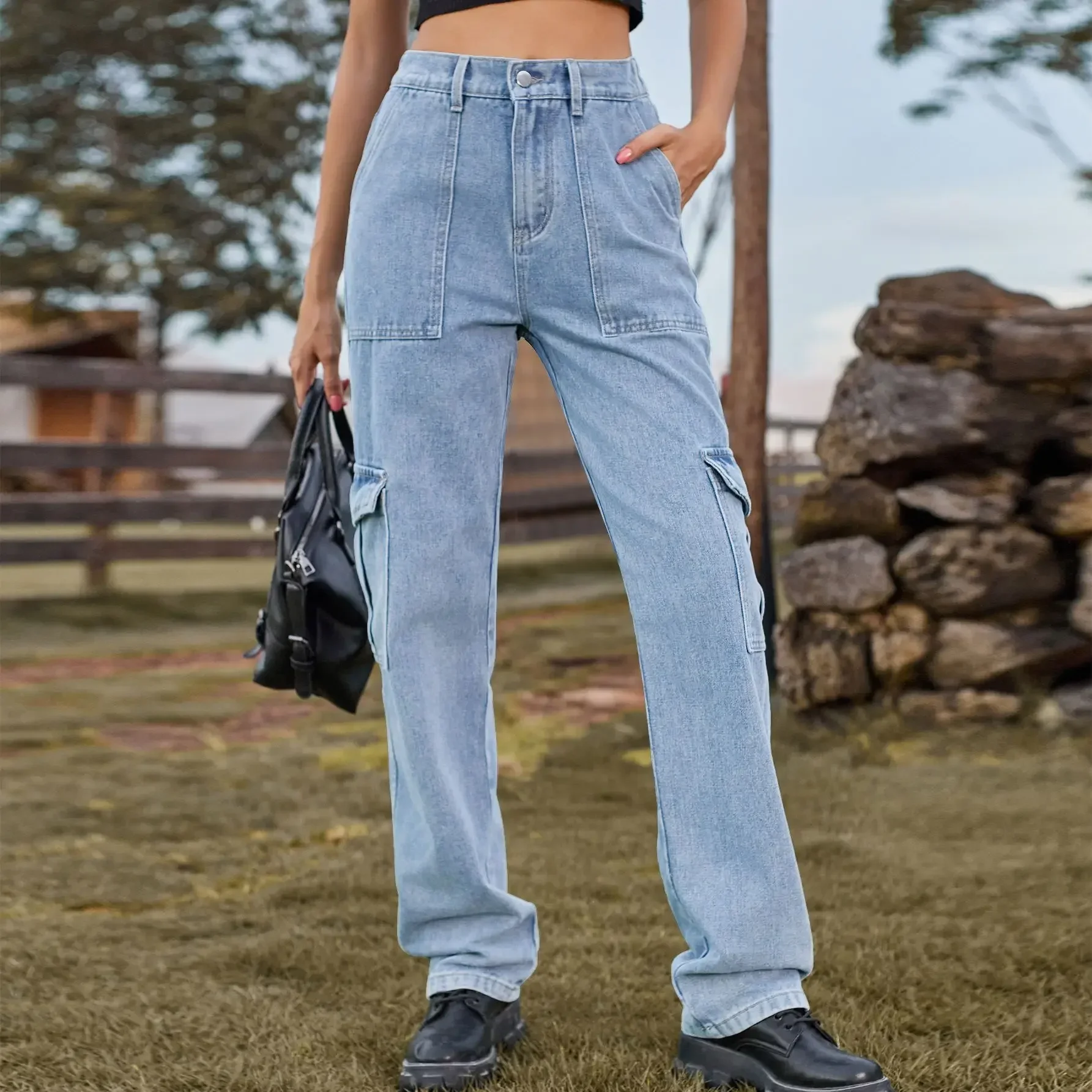 

Women Jeans High Waist Ankle Length Cargo Pants Zipper Fly Washed Loose Denim Straight Jean Pockets Safari Style Spliced 2025