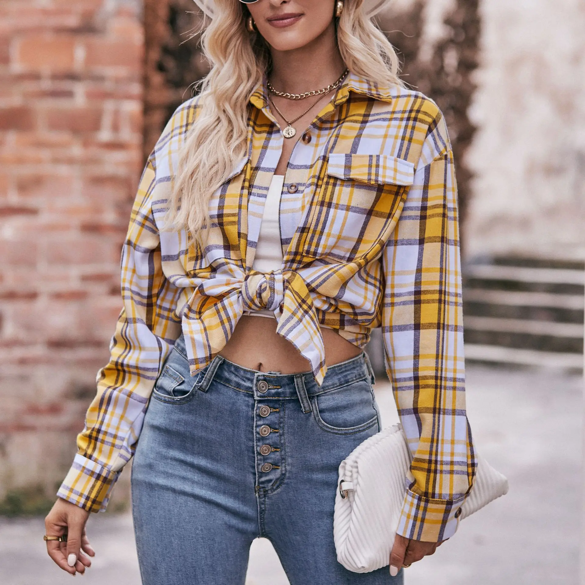 YJKDYK 2024 Spring Autumn Women Plaid Shirt Leisure Oversize Long Sleeve Tops Female 2 Pocket Lapel Blouses Women\'s Clothing