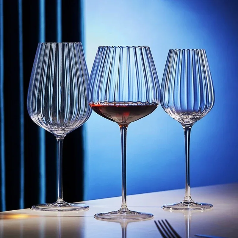 Modern Long Stem Glassware Gifts for Wine Tasting Hand-Blown Crystal Red and White Wine Glasses,Clear Ribbed Stemmed Glasses,