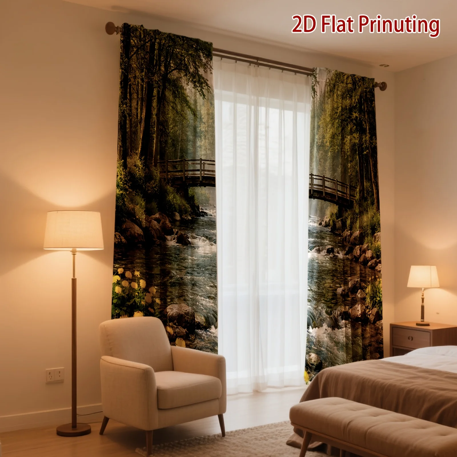 2pcs Forest Stream Bridge Curtains Green Trees River Landscape Print Drape Living Room Window Treatment Scenic Nature Home Decor