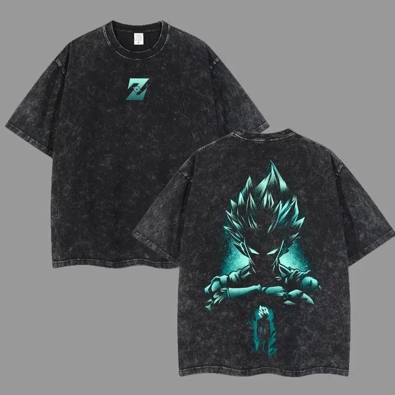 

Goku T Shirt SSJ Blue Men Acid Wash Oversized Anime Teal Z Logo Silhouette Cotton Vintage Gym Streetwear Graphic Back Tee