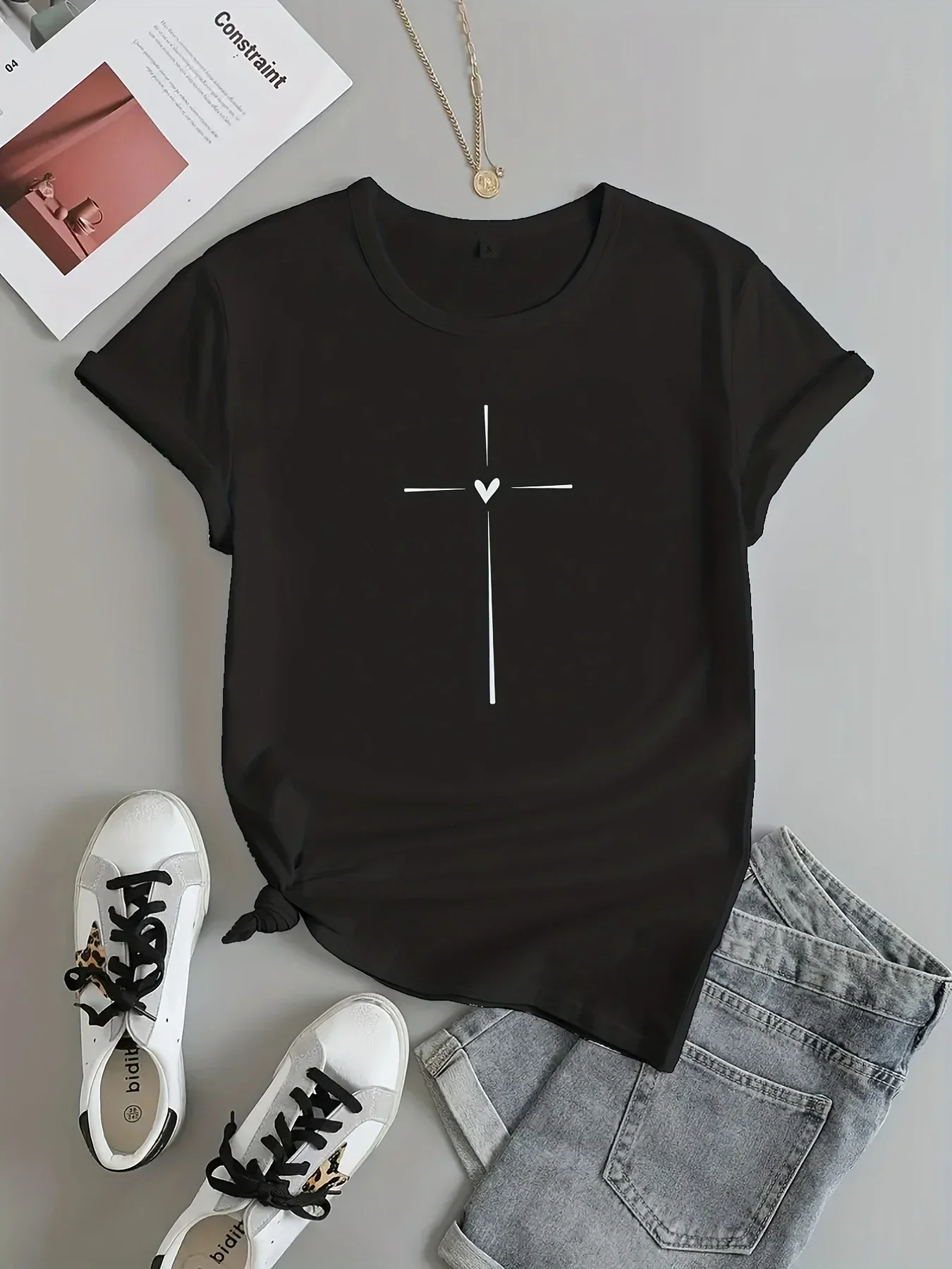 

Cross Graph Print Crew Neck T-shirt, Casl Short Sve T-shirt For Spring & Summer, Women's Clothing