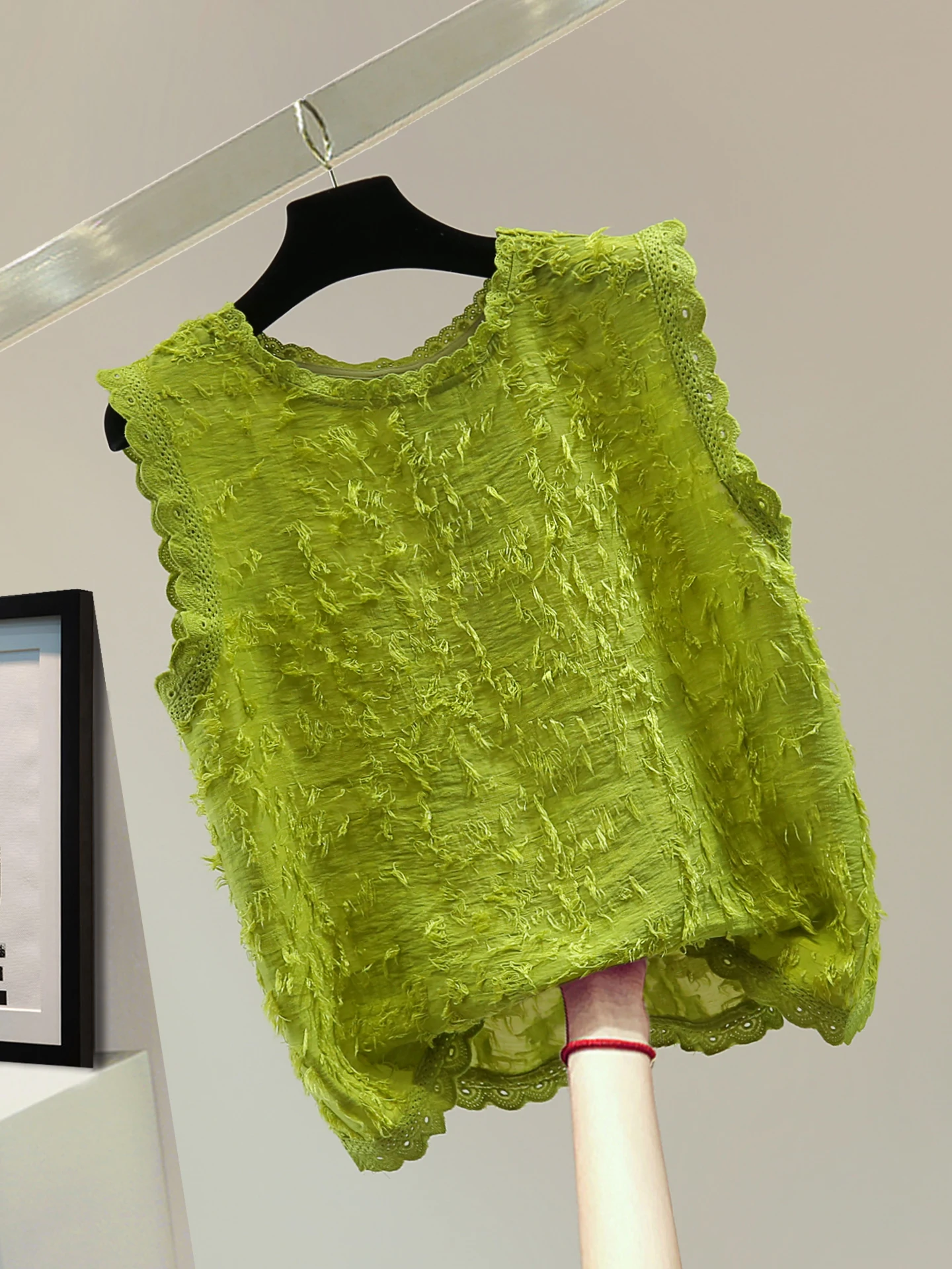 

round Ne Lace Trim Svel Overhead irt High Waist ort Pure Color Tassel Vest Women's Commute Sle Straight Cut