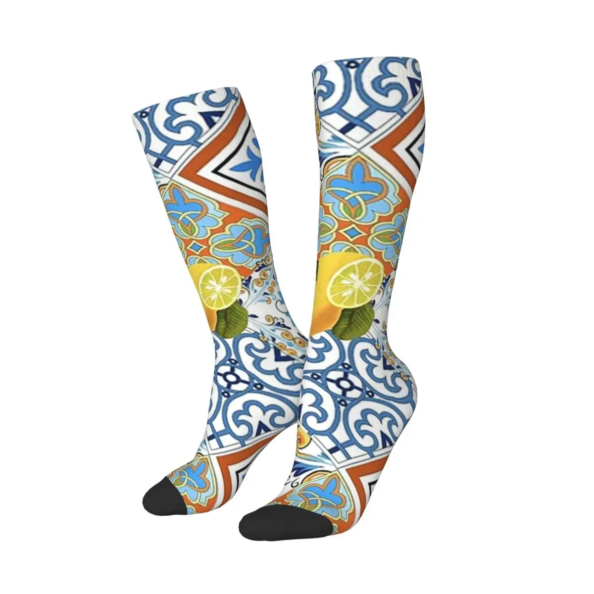 Mediterranean Tiles And Lemon Socks Harajuku Stockings All Season Long Socks Accessories for Unisex Christmas Gifts