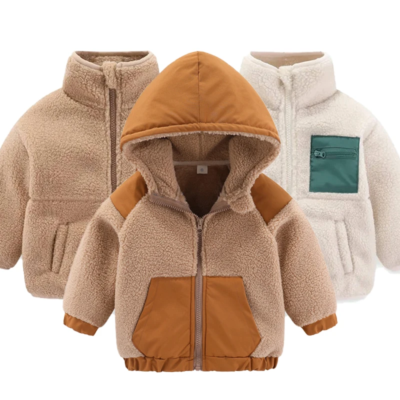 

2024 Autumn/Winter New Thickened Cotton Coat Lamb Fleece Warm Hooded Color Block Coat 2-7 Year Old Outdoor Childrens Coat