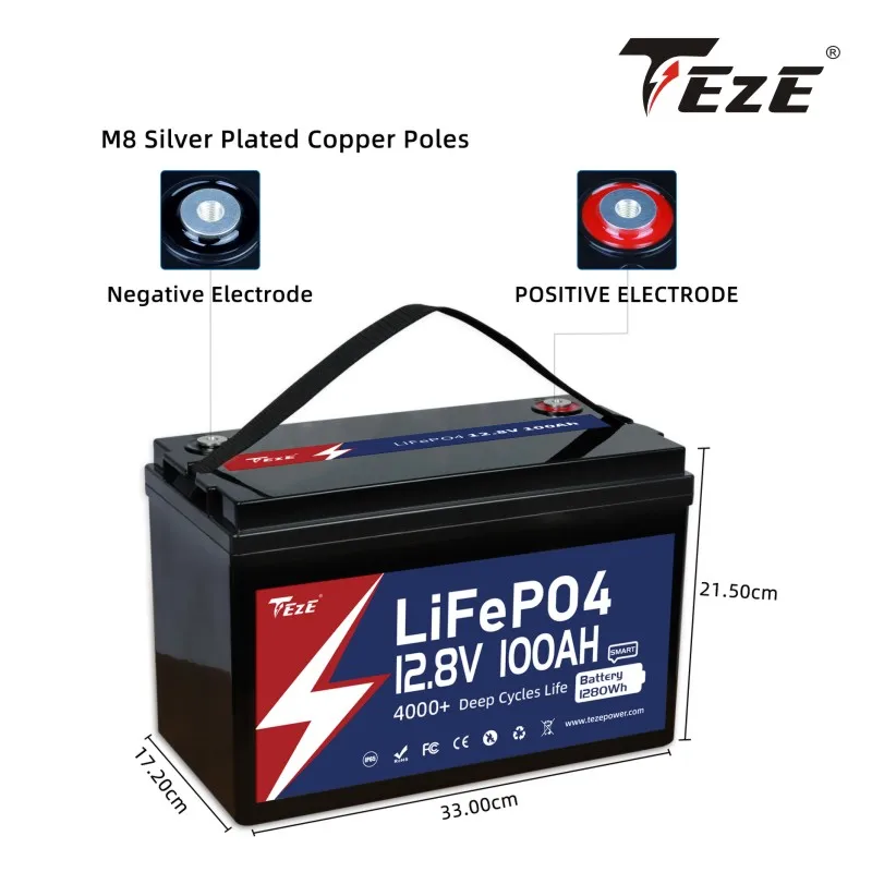 Teze 12V 100AH LiFePO4 Battery with Bluetooth/Active Balancer/IP65, Built-in 100A BMS for RV Trolling Motor Camping Power