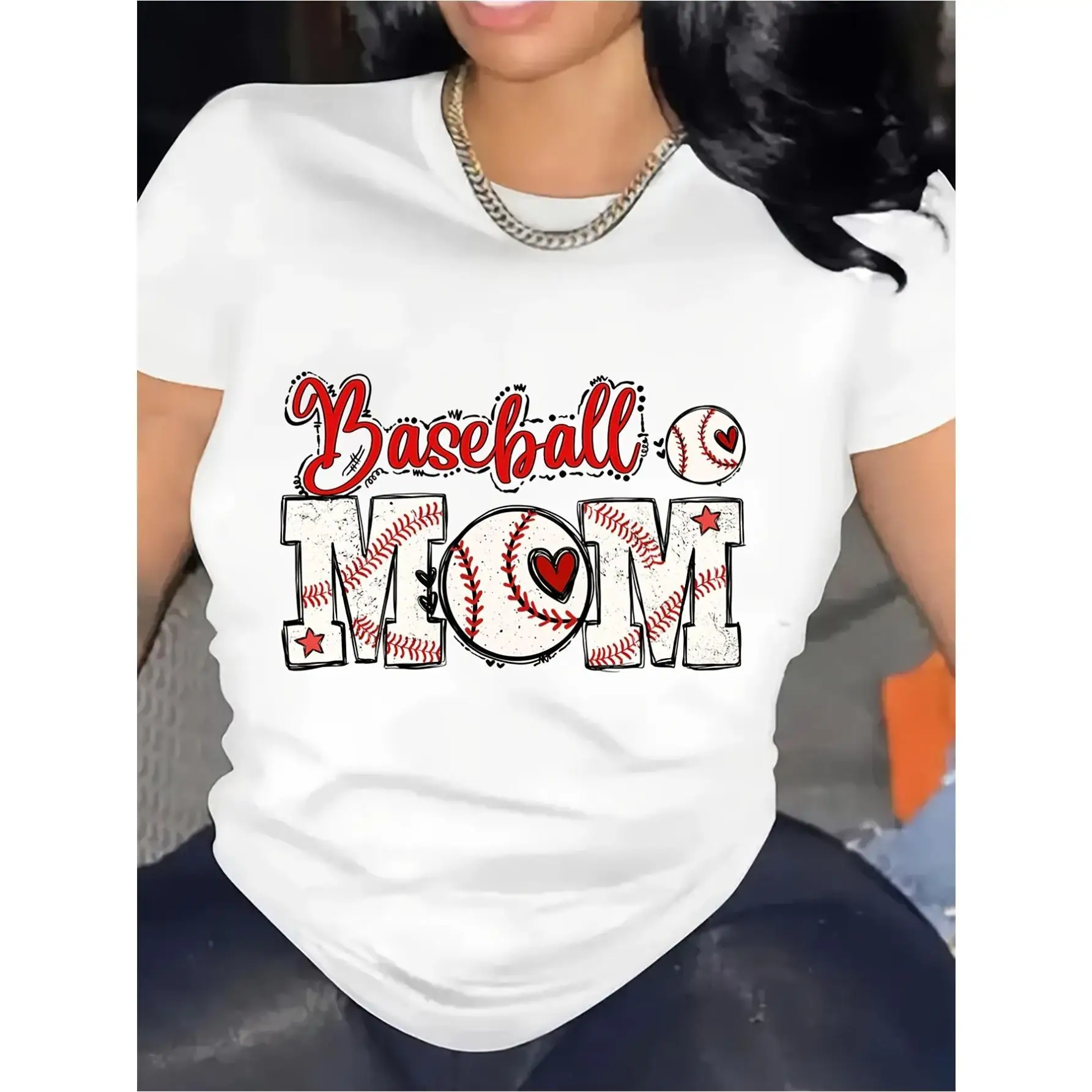 

Women's Baseball Mom Graphic T Shirt 100% Cotton Casual Short Sleeve Round Neck Tee with Playful Baseball Stitch Heart Design