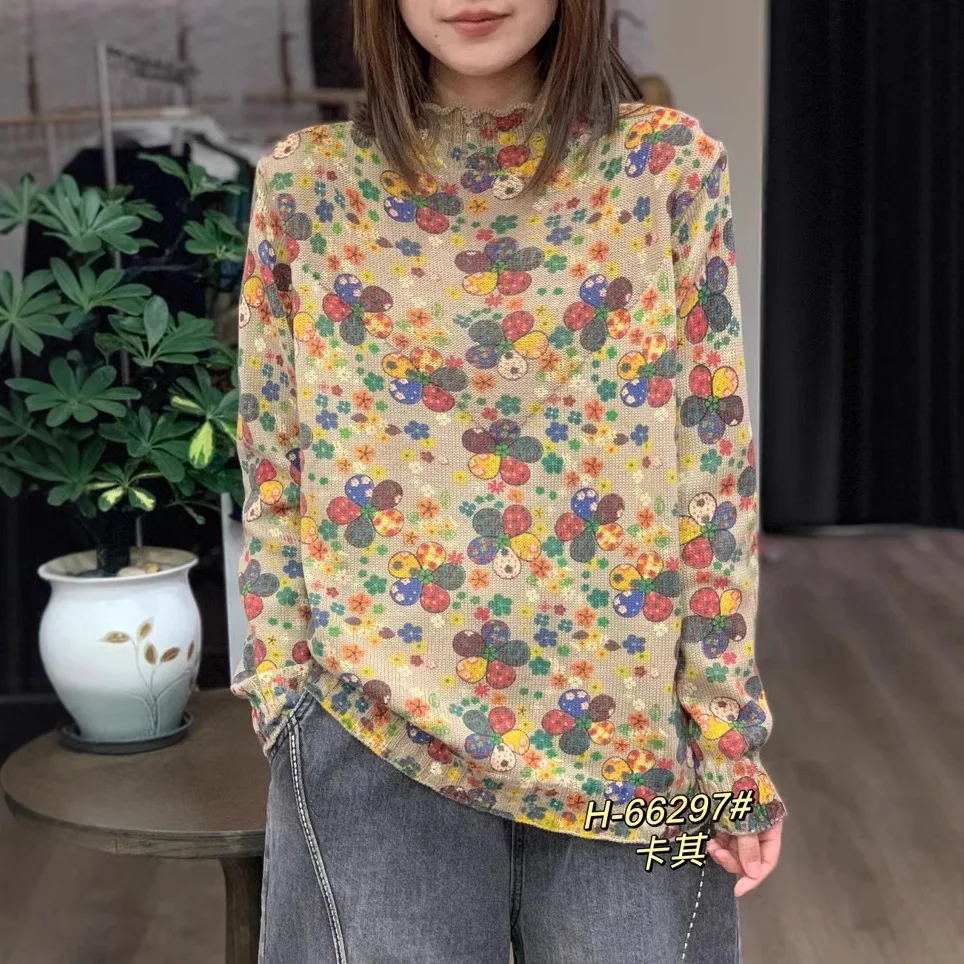 

Printingsweater women's fall and winternew arrivalartsyretroloose half turtleneck pullover cotton thread knitting shirt