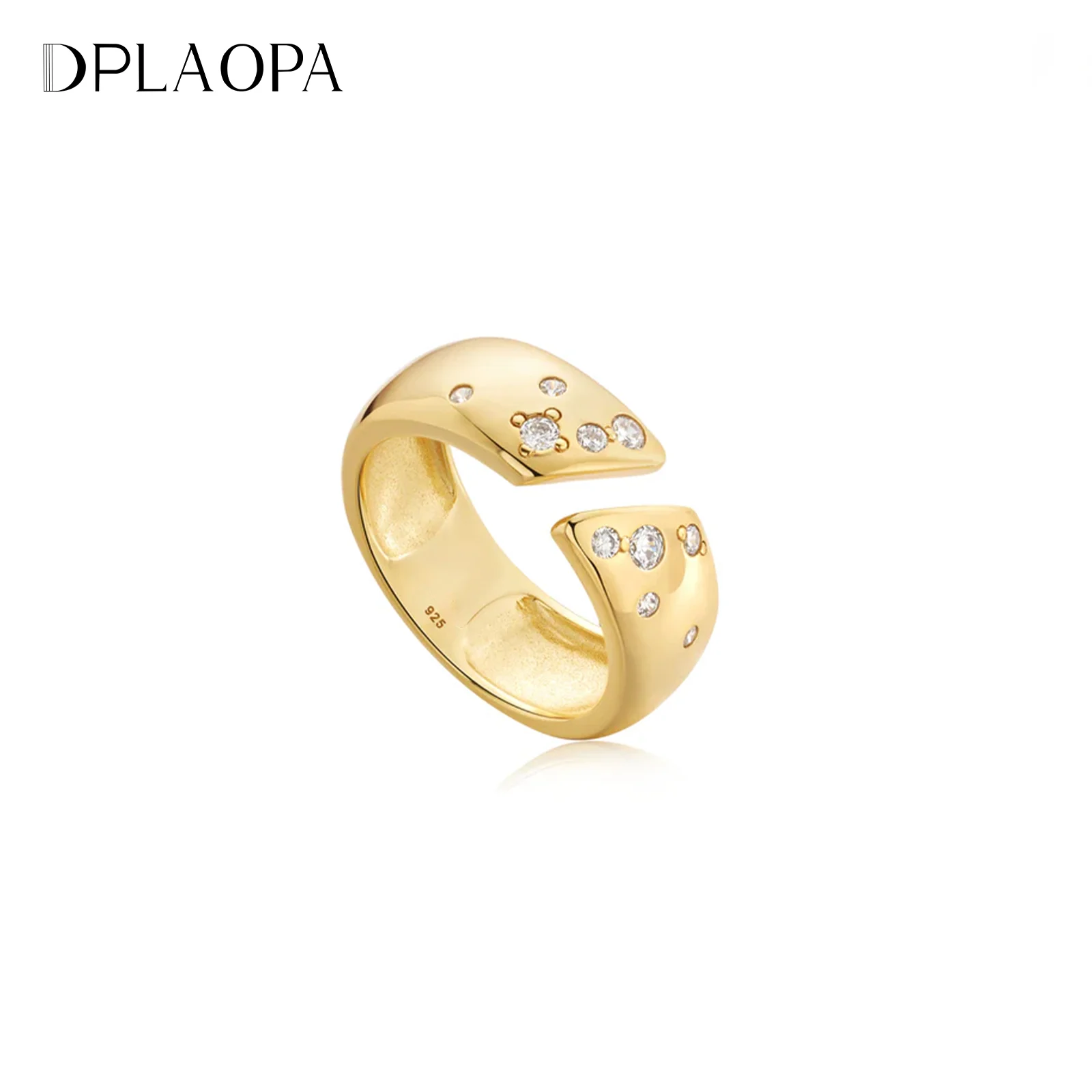DPLAOPA-Anillo abierto grueso de circonita cúbica para mujer, de Plata de Ley 925, círculo dorado, ajustable, regalo de lujo, joyería fina