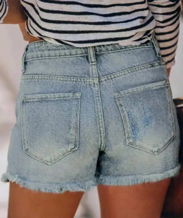 

Summer New Y2K Trendy Fashionable High Street Style Women's Versatile Sandblasted Hole Design Light Blue Low Rise Denim Shorts